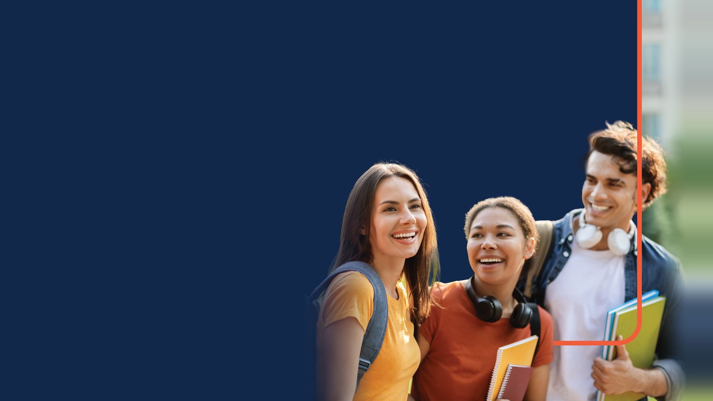 Three smiling university students holding notebooks, from the University as a Connector 2026 report cover